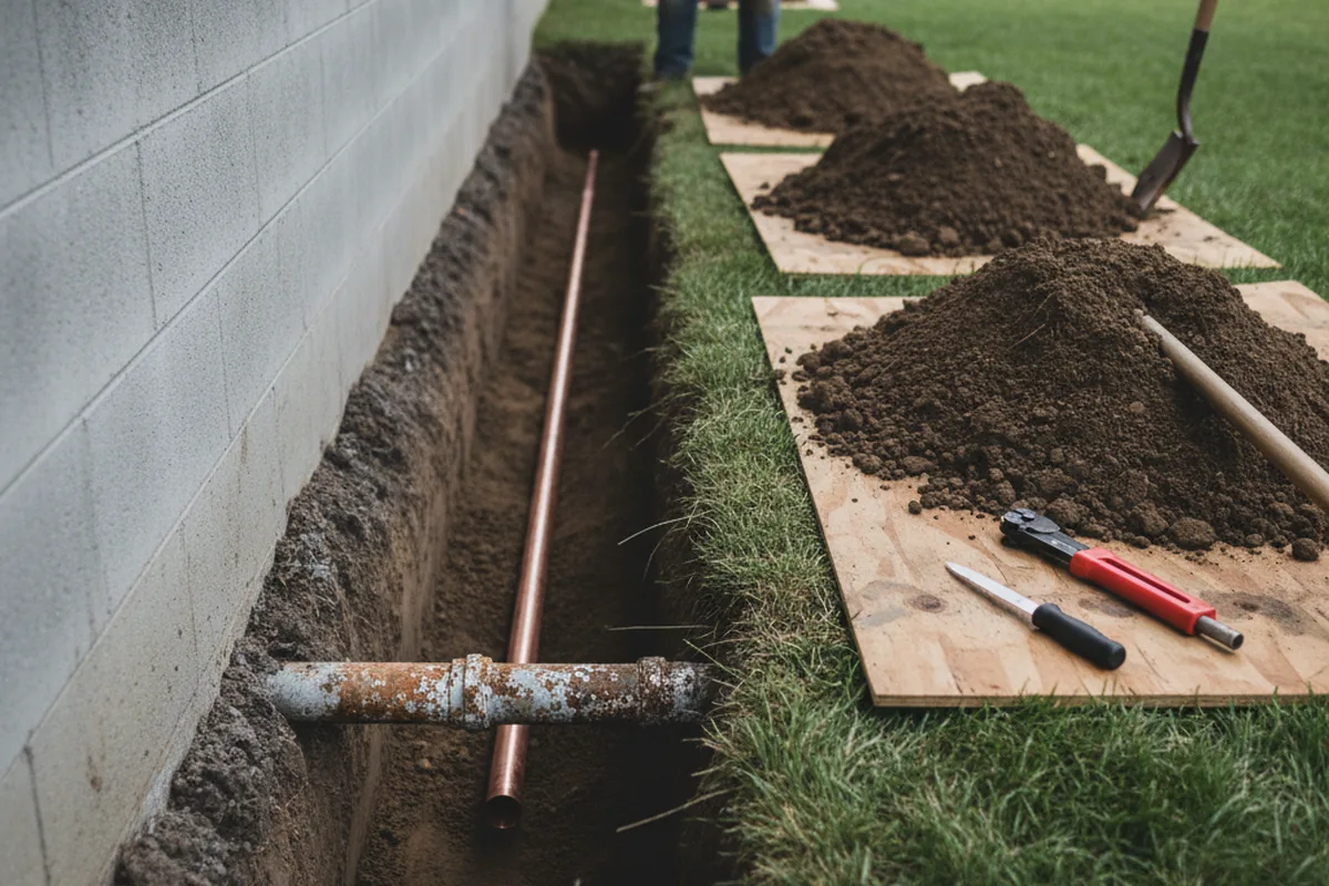 Excavated water line trench during Water Softener Installation in Timnath